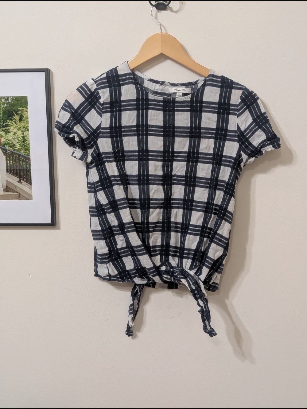 Madewell Navy & White Plaid Tie-Front Top